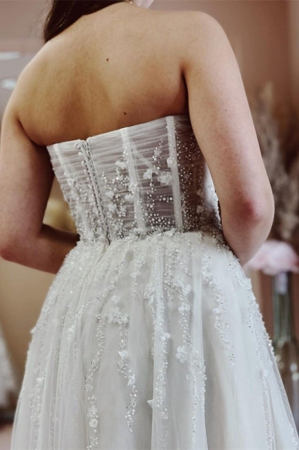 Sexy A-Linie Lange Glitzerspitze Ärmellose Brautkleider Mit Schlitz