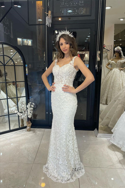 Sexy bodenlanges, herzförmiges, ärmelloses Meerjungfrau-Brautkleid aus Spitze mit Hofschleppe