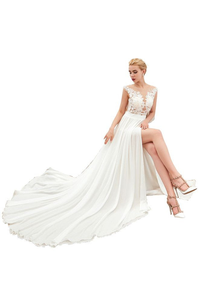 Sexy High Split Cap Sleeve Wedding Dress Sheer Back Ivory Lace Bridal Gown