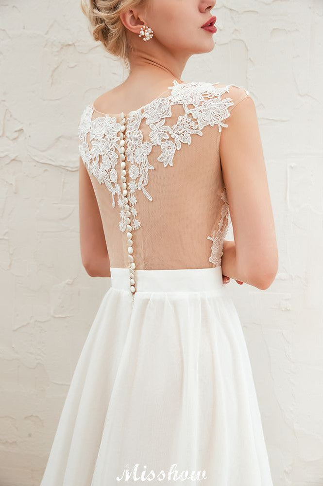 Sexy High Split Cap Sleeve Wedding Dress Sheer Back Ivory Lace Bridal Gown
