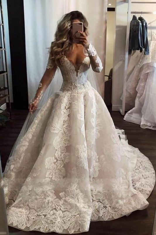 Vestido de novia sexy largo de corte A con escote en V, apliques de encaje y perlas, con mangas