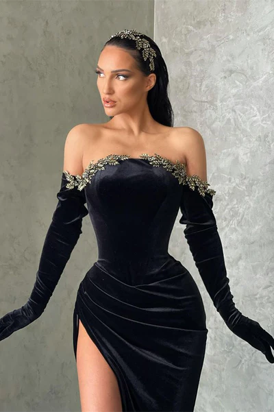 Vestido de fiesta sexy de sirena, largo, negro, con hombros descubiertos, mangas largas y abertura