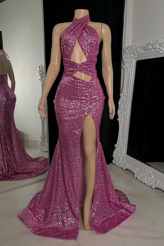 Vestido de fiesta sexy de sirena, largo, con cuello alto, lentejuelas, sin mangas y abertura