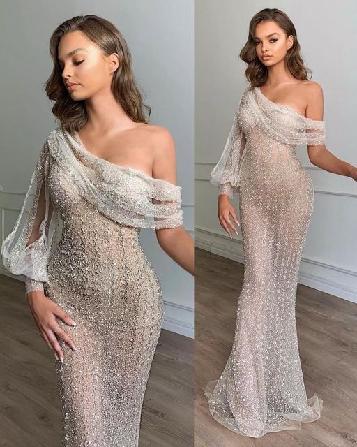 Sexy Long One Shoulder Sequins Mermaid Prom Dress With Puffy Sleeves