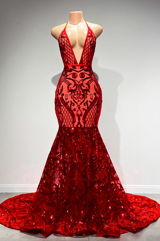 Vestido de fiesta de sirena sexy, largo, rojo, con cuello halter, espalda descubierta, escote en V, encaje, sin mangas