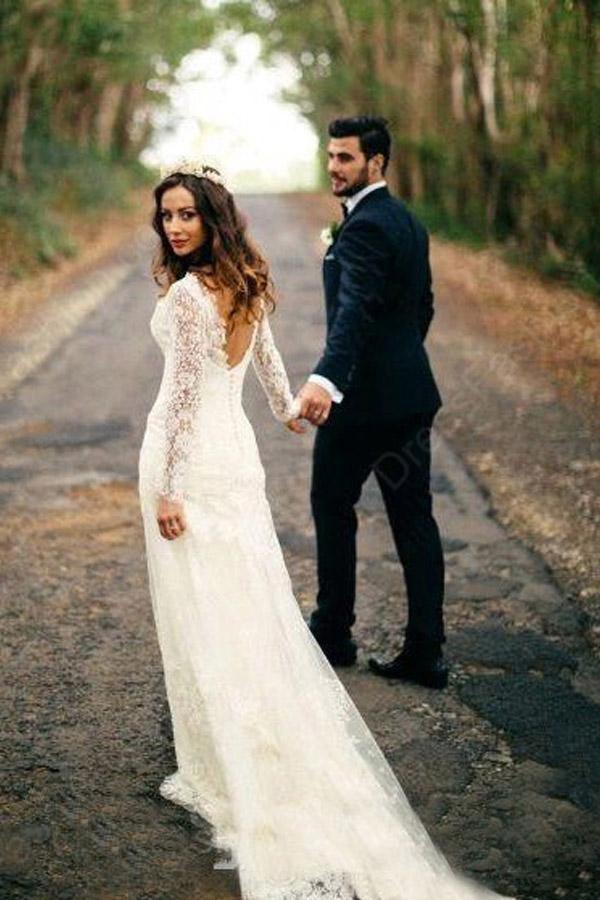 Sexy Meerjungfrau Langarm Weiß Spitze Brautkleid