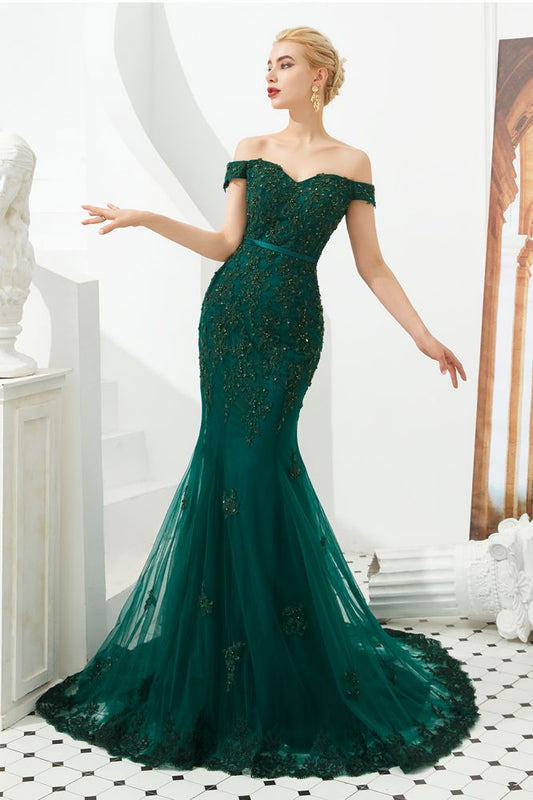 Vestido de fiesta de noche de sirena sexy con hombros descubiertos y espalda descubierta de tul