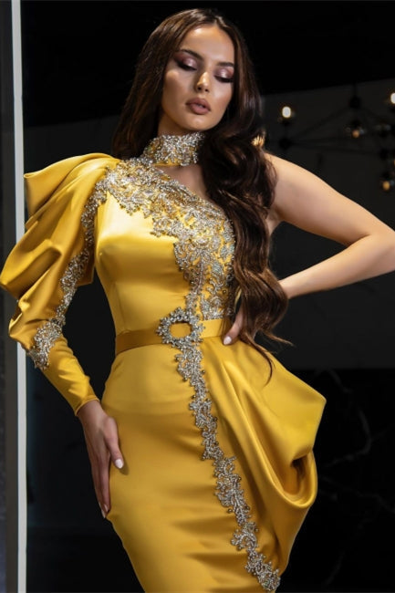 Vestido de fiesta sexy de sirena de satén con mangas abullonadas y cristales brillantes