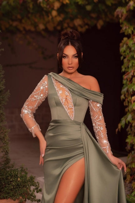 Sexy One-Shoulder Perlen Split Abendkleider Lange Ballkleider Mit Langen Ärmeln