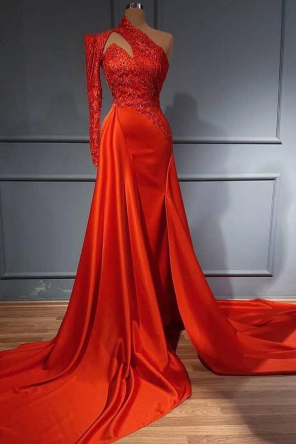 Sexy Abendkleid im Meerjungfrau-Stil mit One-Shoulder-Träger, hohem Halsausschnitt, glitzerndem Blumenmuster und abnehmbarer Schleppe