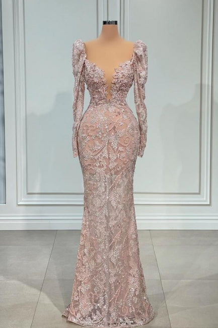 Vestido de noche sexy de sirena con escote en V y mangas largas de encaje rosa