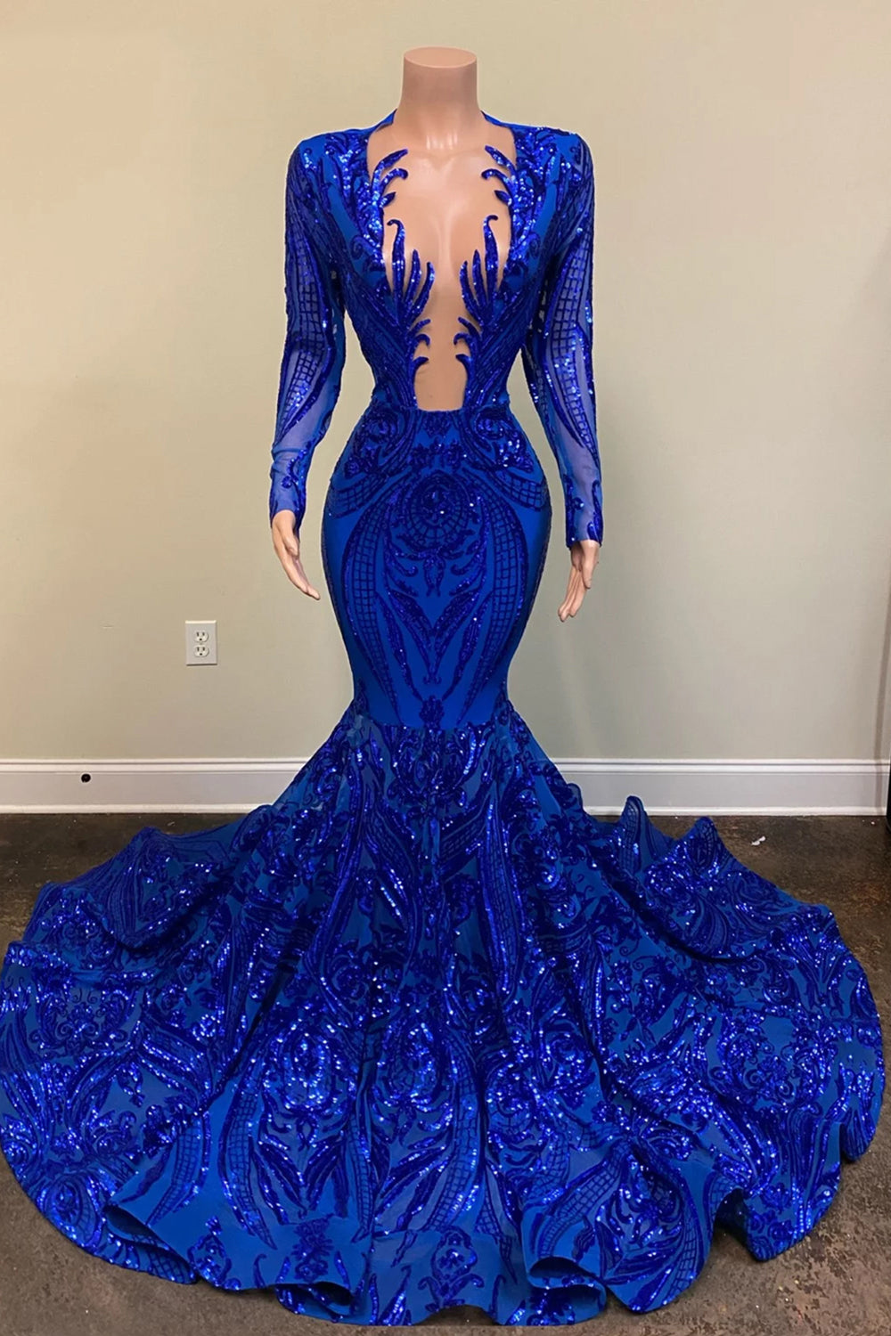 Sexy königsblaues langes Meerjungfrau-Ballkleid mit V-Ausschnitt und Ärmeln
