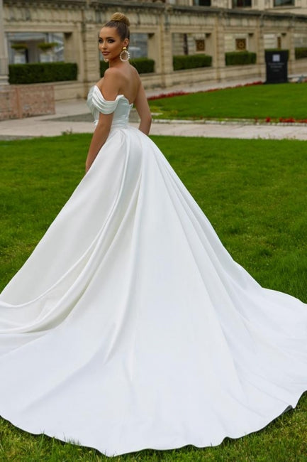 Sexy Satin A-Linie Off-the-Shoulder Ärmelloses Pailletten Brautkleid mit Schlitz