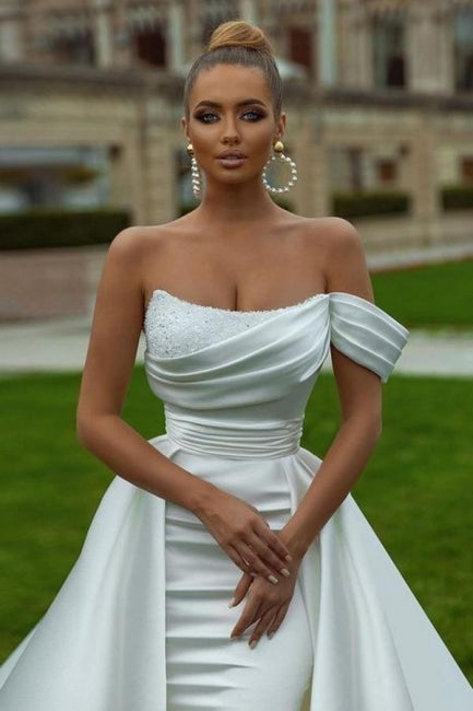 Sexy Satin A-Linie Off-the-Shoulder Ärmelloses Pailletten Brautkleid mit Schlitz