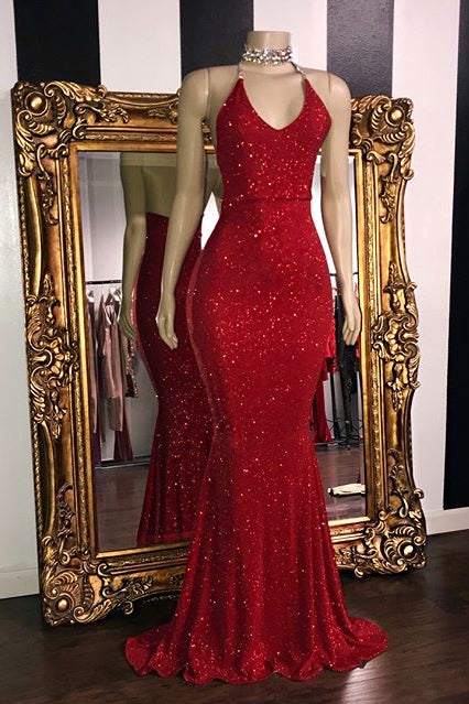 Vestidos de fiesta de sirena sexys con lentejuelas y sin mangas | Vestidos de noche rojos con cuello halter y purpurina