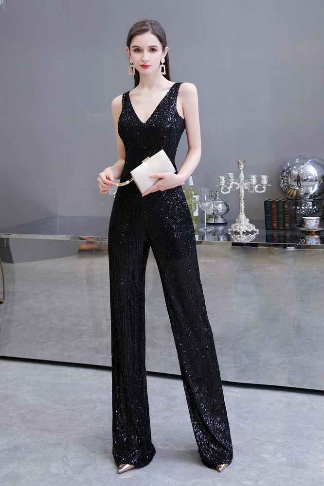Sexy glänzender ärmelloser Ball-Jumpsuit mit silbernen Pailletten und V-Ausschnitt