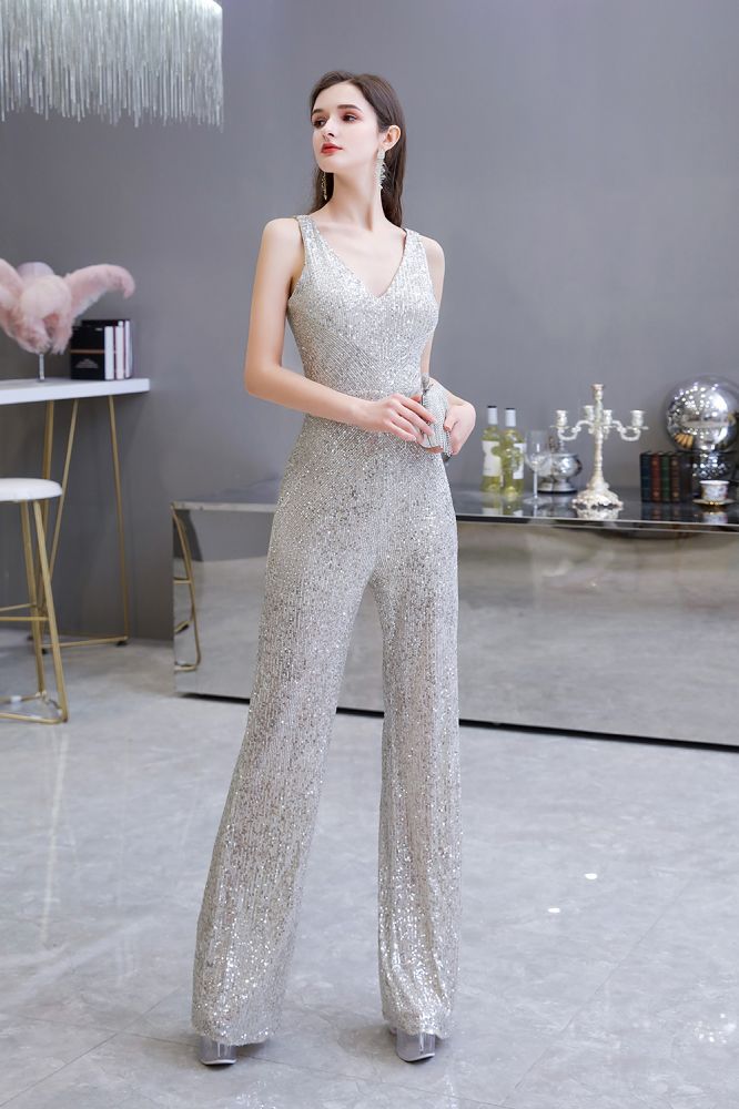 Sexy glänzender ärmelloser Ball-Jumpsuit mit silbernen Pailletten und V-Ausschnitt