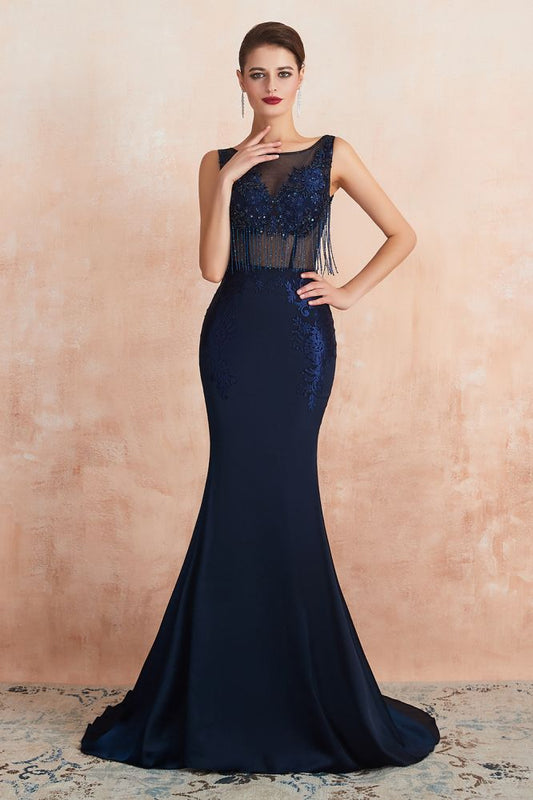 Vestido de fiesta de sirena sexy sin mangas con espalda descubierta de satén y lentejuelas brillantes