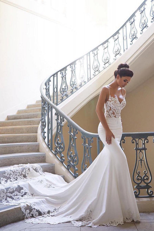 Sexy Spaghettiträger Brautkleid | Meerjungfrau Chiffon Spitze Brautkleid