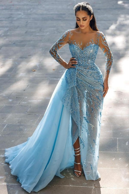 Vestidos de noche de sirena con mangas largas y brillantes y sexys con encaje