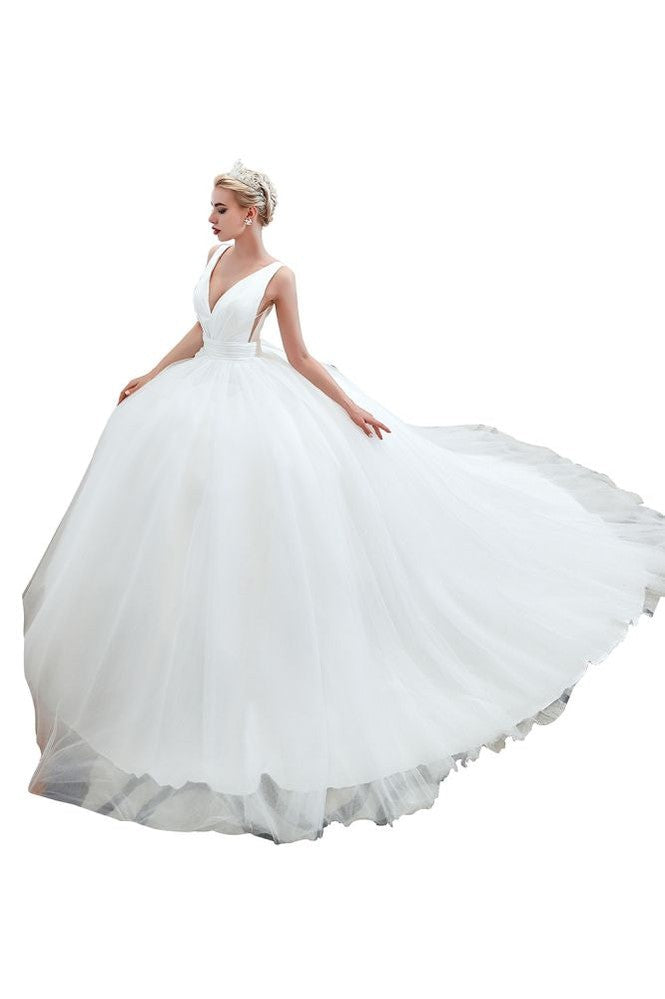 Sexy V-Neck Sleeveless Princess Spring Wedding Dress | White Low Back Bridal Gowns with Belt