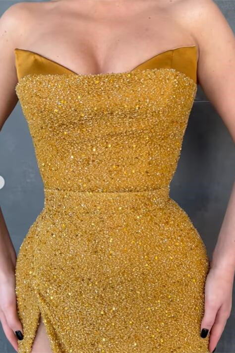 Vestido de fiesta de sirena sexy amarillo sin mangas con abertura lateral