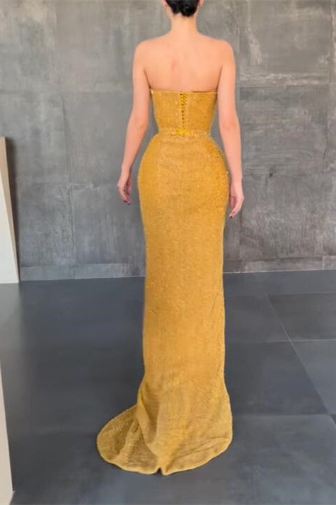 Vestido de fiesta de sirena sexy amarillo sin mangas con abertura lateral
