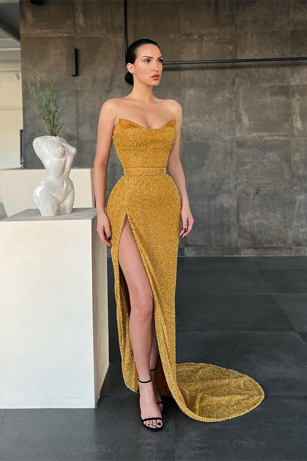 Vestido de fiesta de sirena sexy amarillo sin mangas con abertura lateral