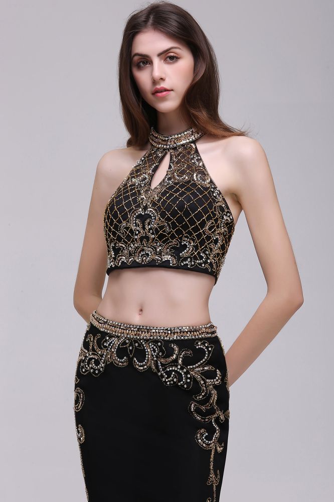 Etui-Linie Kristall Neckholder Schwarz Zweiteilige Ballkleider