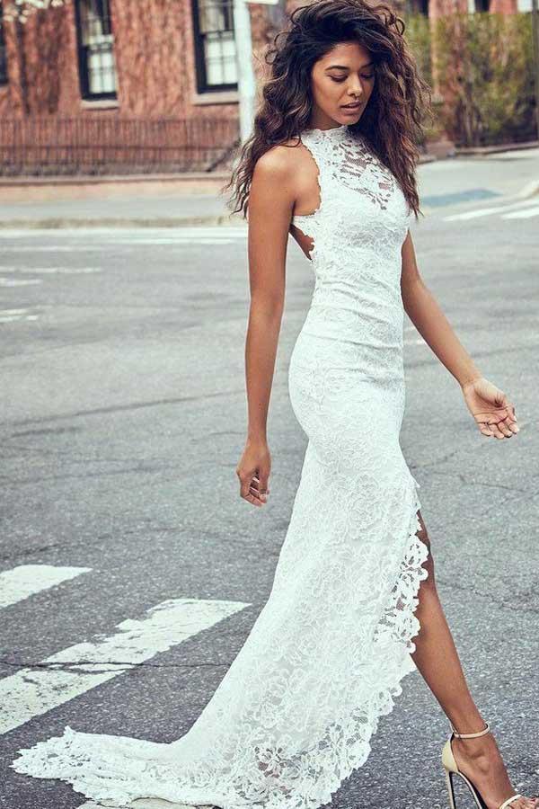 Sheath High Neck Sweep Train Open Back Lace Wedding Dress with Split