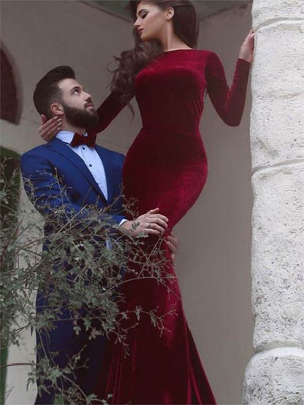 Vestidos de fiesta de terciopelo con mangas largas, joya, hasta el suelo y volantes