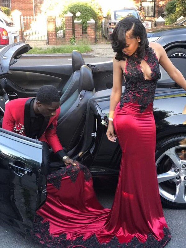 Vestidos de fiesta de satén tipo seda con apliques, sin mangas, con joya y corte columna