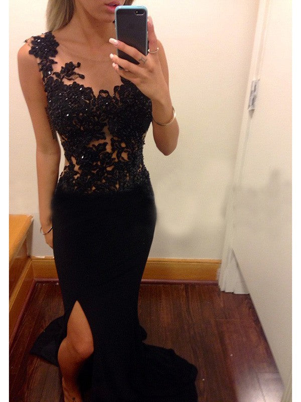 Vestidos de fiesta de gasa con apliques, sin mangas y corte tubo/columna