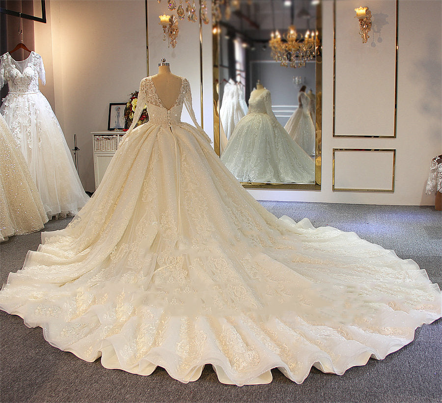Glänzendes langes A-Linien-Brautkleid mit Perlenbesatz und Schnürung und Ärmeln
