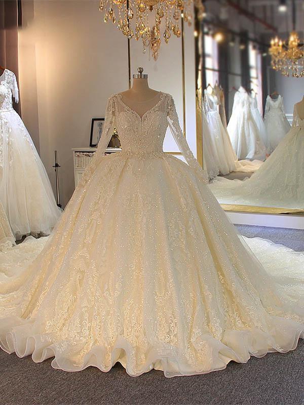 Glänzendes langes A-Linien-Brautkleid mit Perlenbesatz und Schnürung und Ärmeln