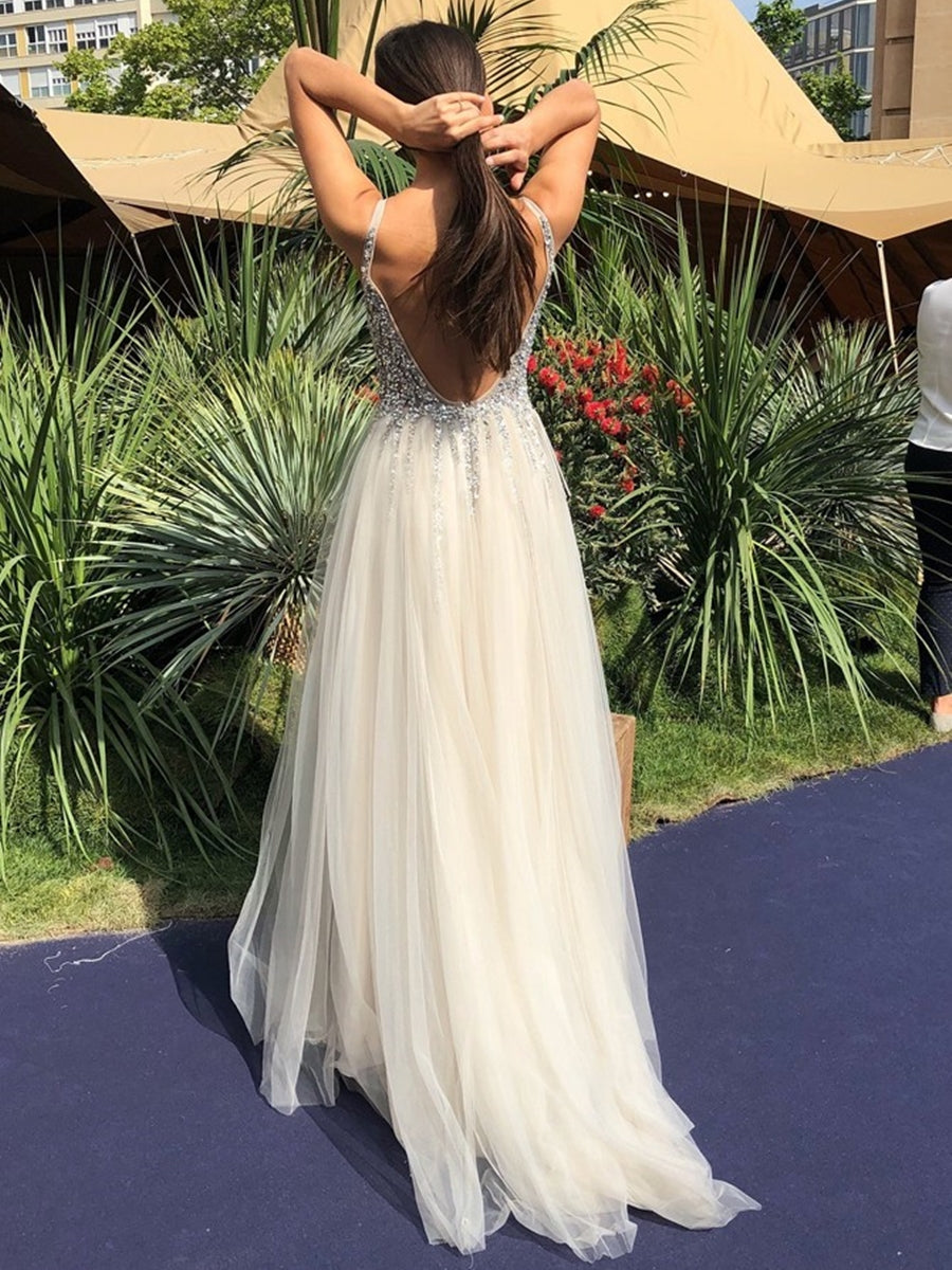 Shiny A Line V Neck Backless Sequins Long Prom Dresses Sparkly Formal Graduation Evening Gowns
