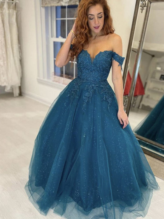 Glänzendes langes A-Linien-Ballkleid mit schulterfreiem Tüll und Spitze