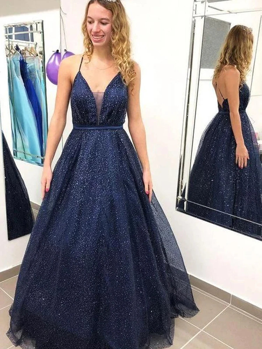 Shiny Long A-line V-neck Tulle Open Back Sparkly Graduation Prom Dresses