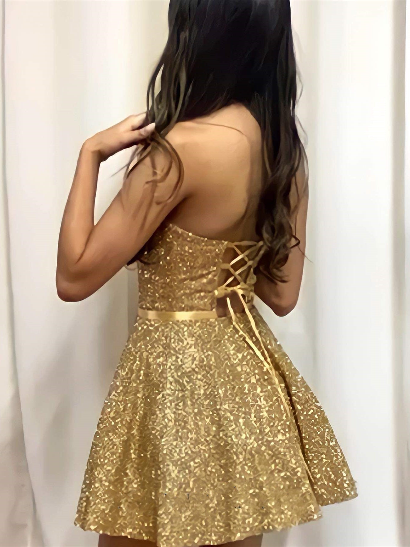 Vestidos de fiesta de graduación cortos, brillantes, de corte A, sin tirantes y con lentejuelas