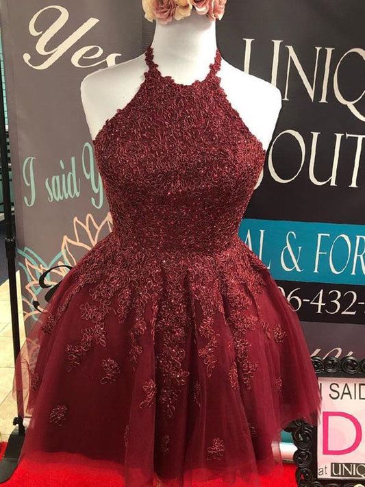 Kurzes A-Linie Neckholder Spitzen Tüll Rückenfreies Ball- und Heimkehrkleid
