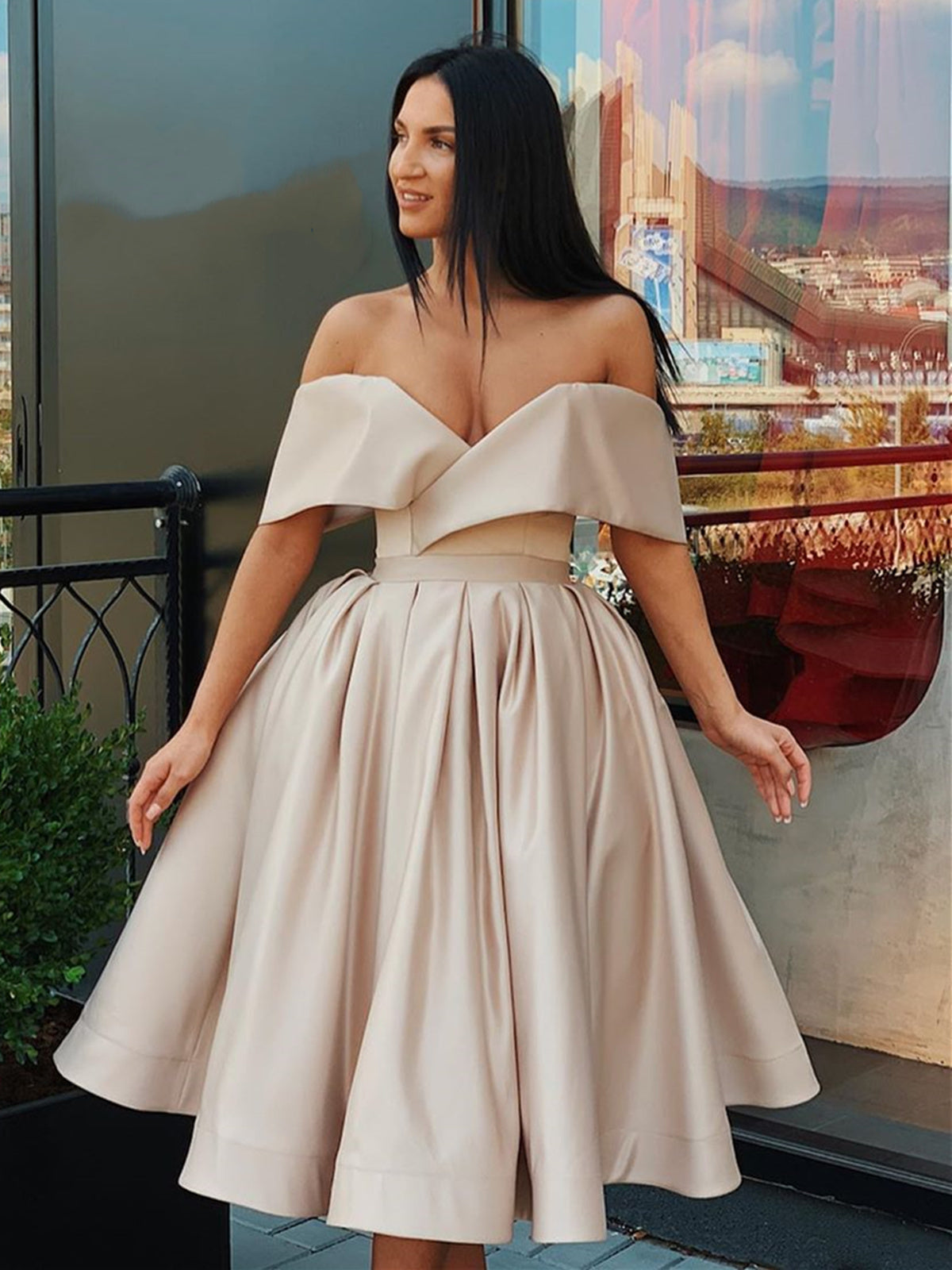 Short A-line Off the Shoulder Satin Prom Homecoming Graduation Dresses