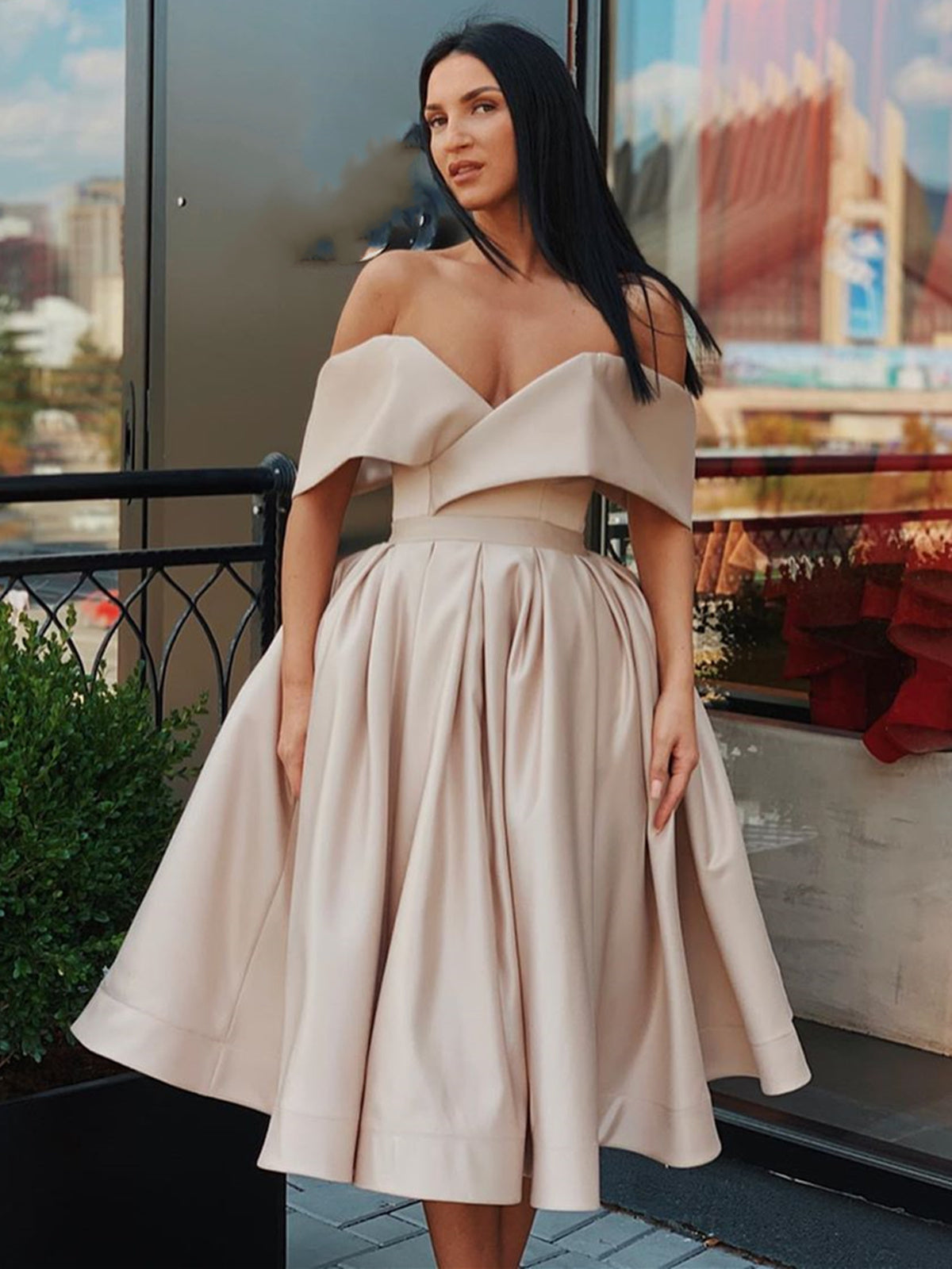 Short A-line Off the Shoulder Satin Prom Homecoming Graduation Dresses