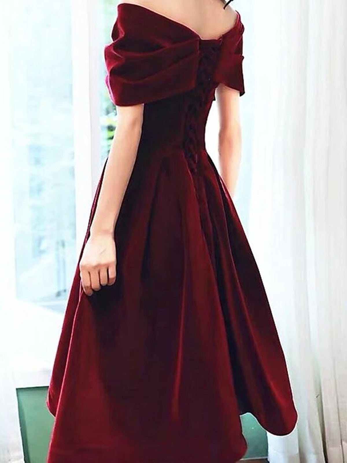 Short A-line Off the Shoulder Velvet Prom Dress Burgundy Formal Graduation Evening Dresses