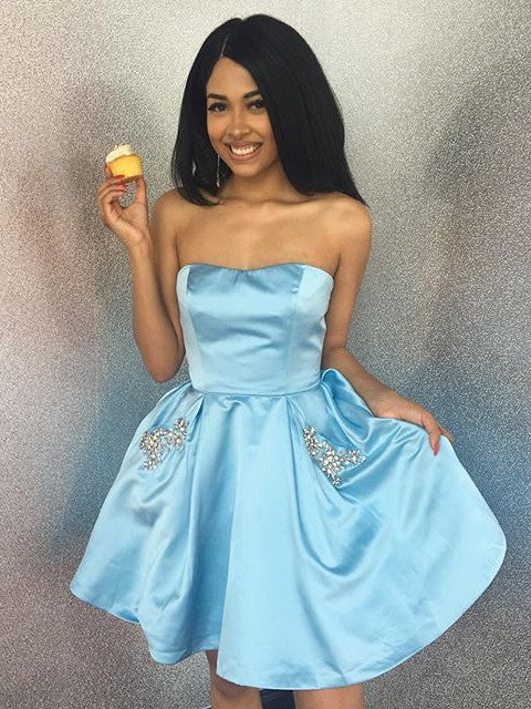 Vestido corto de satén con cuentas, corte A, sin tirantes y bolsillos para la fiesta de bienvenida