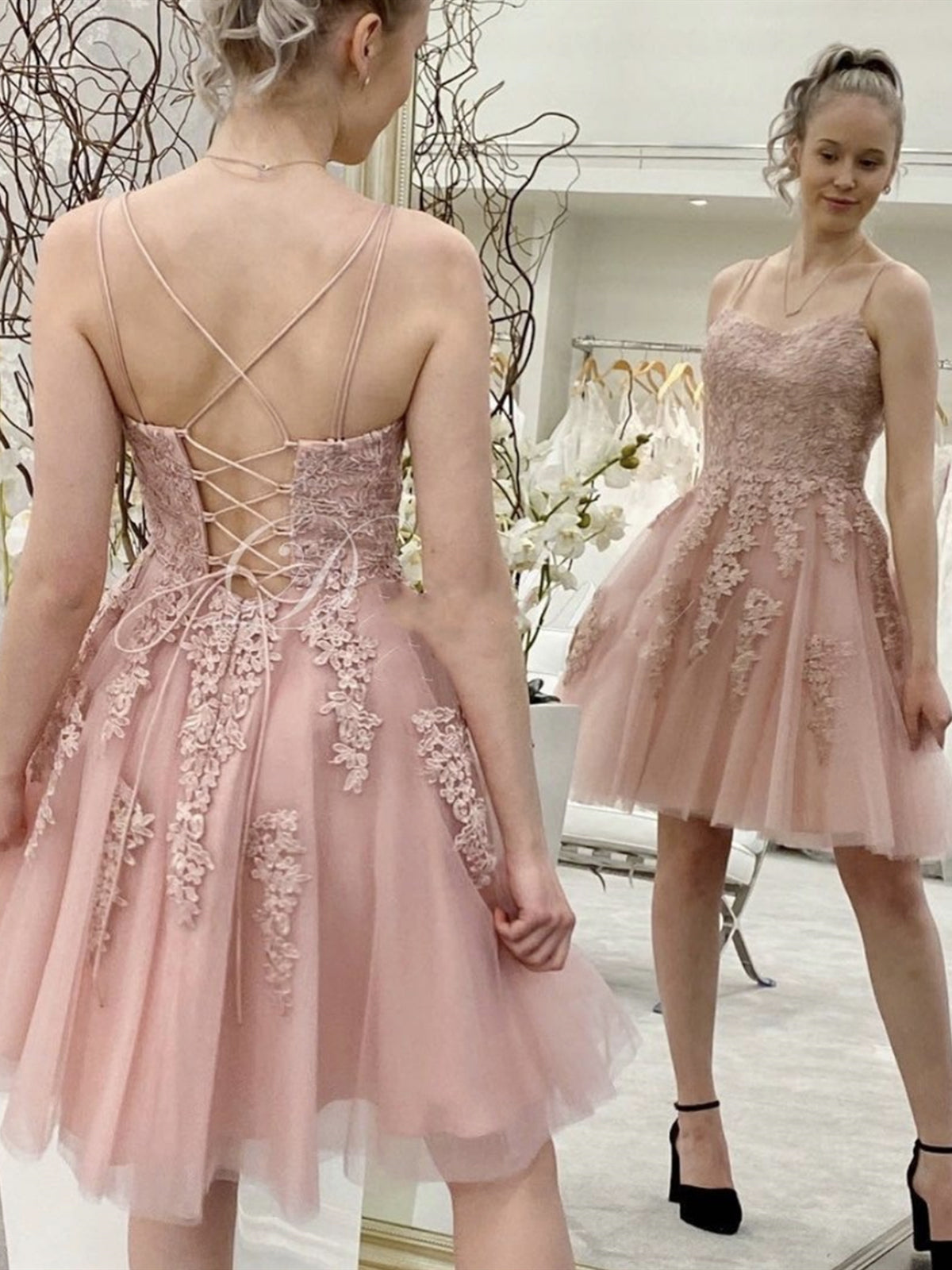 Vestidos de fiesta formales de tul con encaje, espalda descubierta, corte A, tirantes finos, sin tirantes