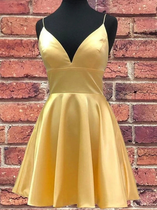 Kurzes A-Linien-Ballkleid mit V-Ausschnitt aus Satin, gelbes Homecoming-Kleid