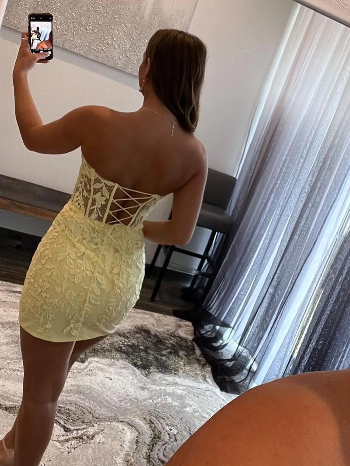 Short Mermaid Sweetheart Lace Prom Dress Yellow Homecoming Dresses