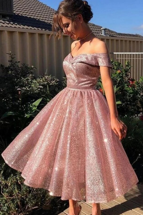 Short Sequins A-line Off-the-shoulder Backless Sparkly Prom Dress
