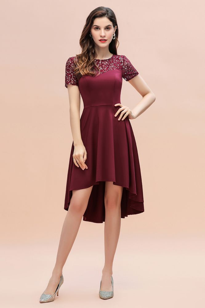 Kurzarm Pailletten Hi-Lo Cocktail Party Kleid Burgund Aline Täglich Casual Kleid