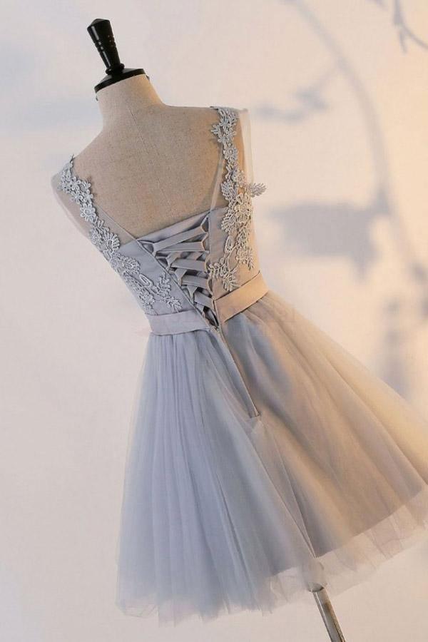 Silver Knot Tulle Homecoming Dresses Short Prom Dresses with Applique